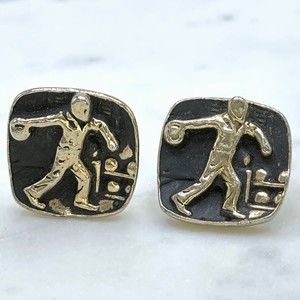 Mens Vintage Bowling Bowler Black & Gold Tone Bullet Back Cufflinks (read)